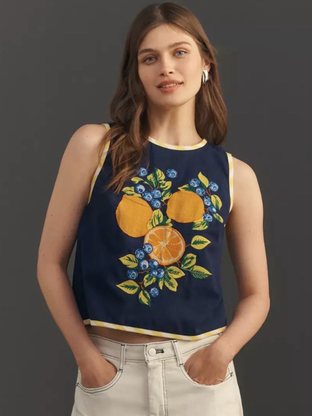 Maeve Anthropologie Fruit Embroidered Shell Tank Top Navy Size XL - Picture 1 of 5
